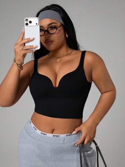 Rhythm Era Plus Size Women Solid Color Casual Comfortable Bra Curvy Workout Top Curve Activewear Plus Size Crop Top Plus Size Sports Bra Crop Top Built In Bra Black Crop Top Plus Size Activewear Plus Size Built In Bra Top Built In Bra Top Curve Sports Bra For Curvy Women Plus Size Tops Curve