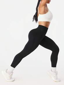 Seamluxe SHEIN Sport 女士纯色高腰休闲健身紧身裤 - 黑色 - 查看 6