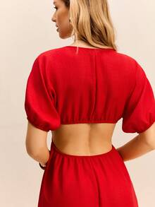 Daynim Plunging Neck Cut Out Waist Ruffle Hem Dress - Red - View 8