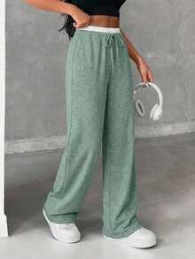 Women's Drawstring Waist Loose Casual Sports Pants Everyday Green And White Summer - Mint Green - View 4