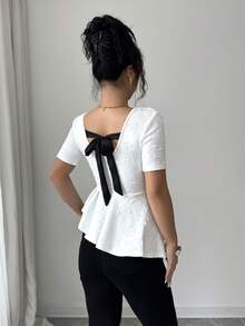 SHEIN Elenzya Elegant Rose Jacquard Satin Bow Tie Waist Irregular Ruffle Hem Women Short Sleeve T-Shirt - White - View 5