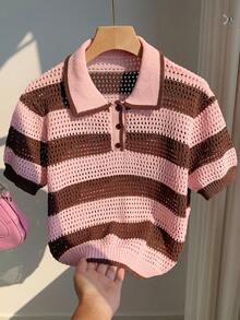 SHEIN EZwear New Summer Vacation Holiday Striped Print Button Hollow Casual Short Sleeve Women Sweater - Multicolor - View 5