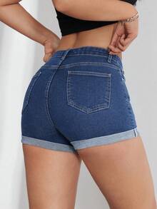 SHEIN EZwear Damen Lässig Alltags Pendler vielseitige Umschlag Saum Slim Fit Denim Shorts, Sommer - Dunkle Waschung - Übersicht 2