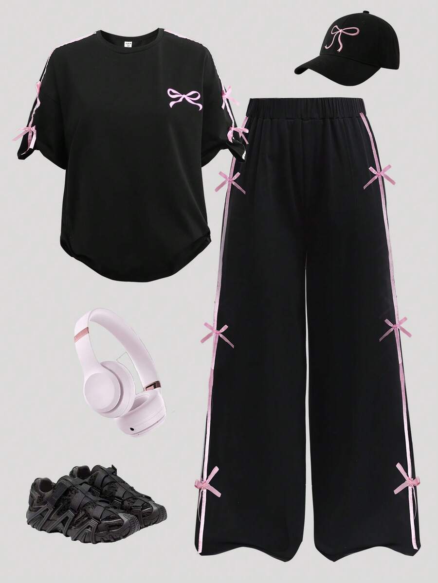 SHEIN Girlism 少女两件套休闲套装,黑色针织蝴蝶结装饰宽松圆领印花褶皱简约套头衫和短裤套装,适合日常休闲穿着、返校、度假、家庭户外春季野餐。 - 黑色 - 查看 1