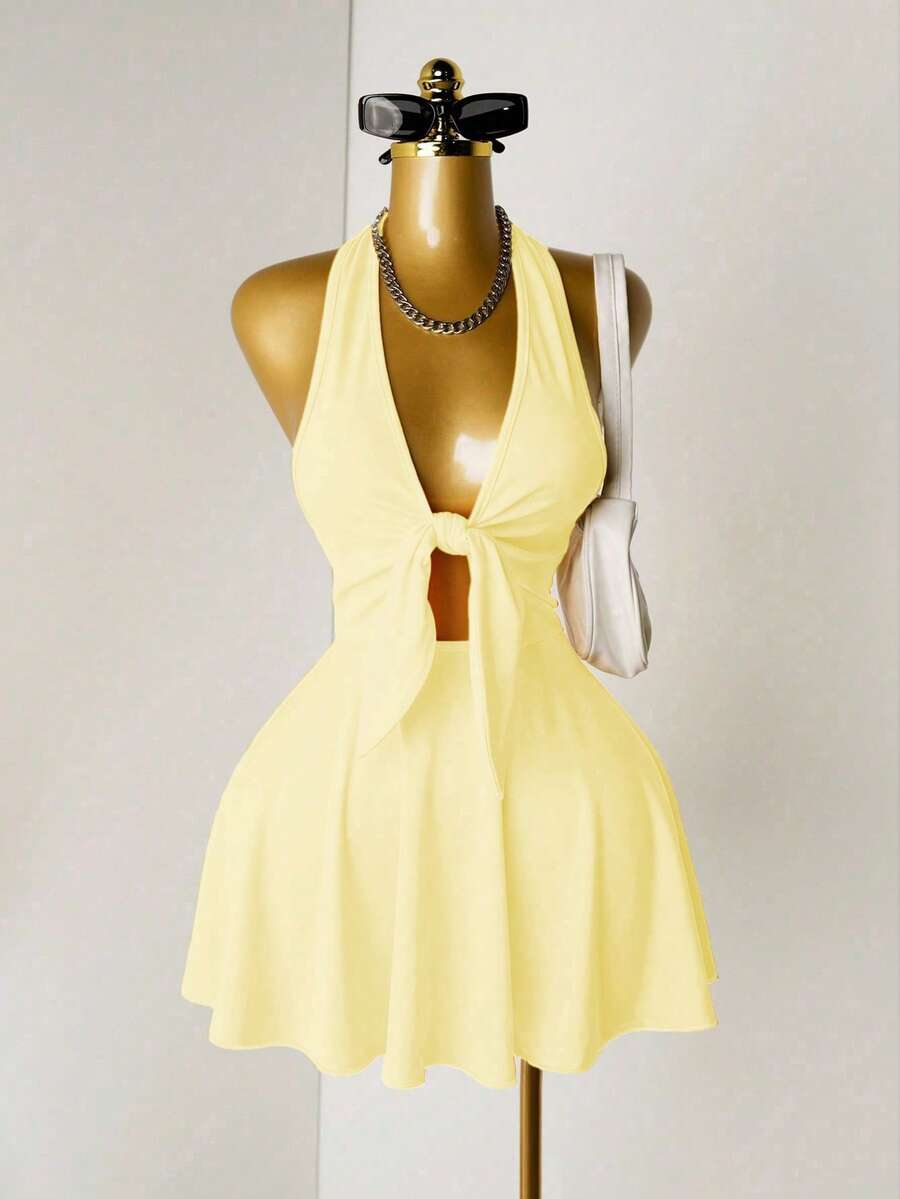 Mistrie Women's Solid Color Deep V-Neck Tie Front Sexy Halter Dress - Apricot - View 1