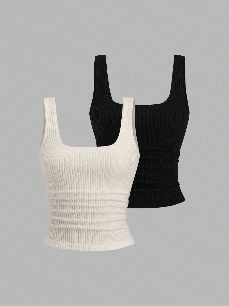 Sweetra Bộ 2 áo tank top dệt kim cổ tròn nữ, màu mơ và nâu cà phê, thích hợp cho mùa thu. - Nhiều màu - Xem 1