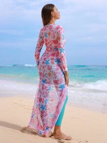 Swim Shayni 三件套沙滩装：长袖拉链上衣（海洋印花）、纯色弹力腰裤和海洋印花交叉腰开衩裙，夏季热销沙滩度假套装 - 彩色 - 查看 2