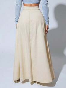 Slaydiva Plus Size Women Button Fly Casual Commuting Extra Long Denim Skirt - Khaki - View 5