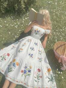 SHEIN MOD Đầm in họa tiết phong cách Bohemian trễ vai dành cho nữ, lãng mạn - Nhiều màu - Xem 5