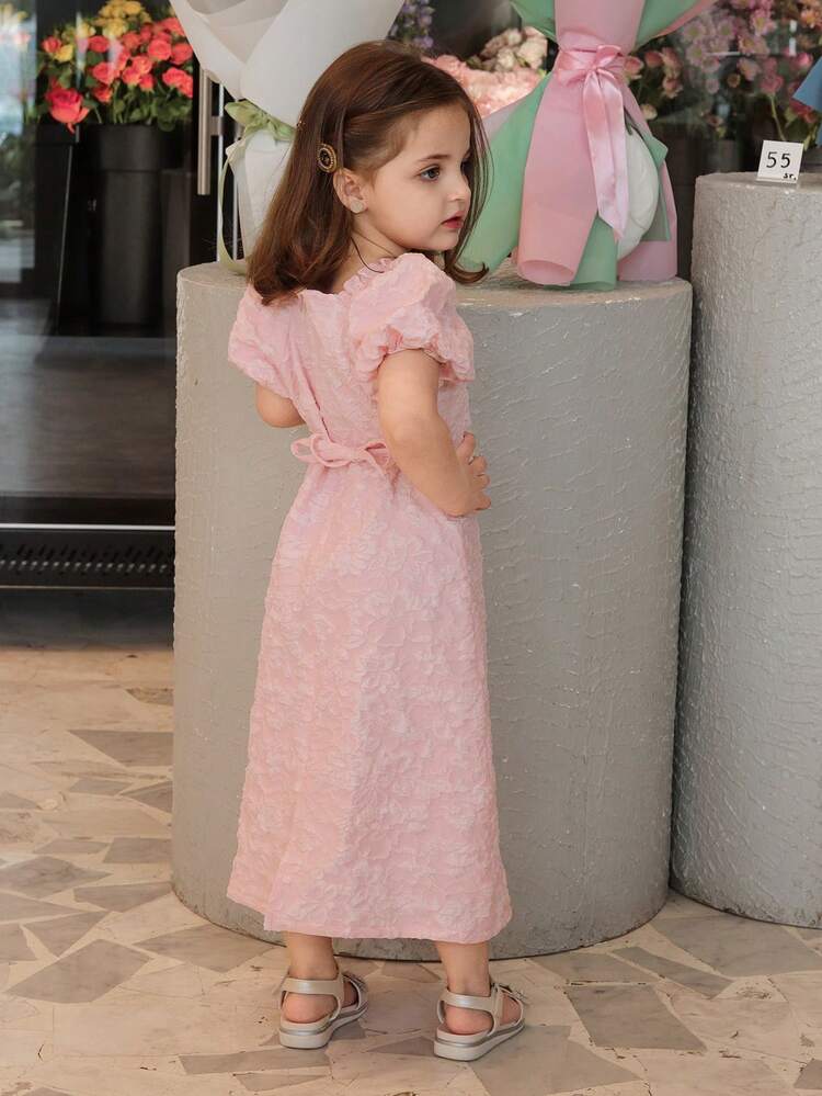 Young Girl Jacquard Square Collar Petal Sleeve Dress Summer