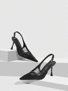 CUCCOO SZL Women's Pointed Toe Polka Dot Mesh Black Stiletto Heel Backstrap Open Back Fashionable Sexy Versatile High Heel Pumps - Black - View 4
