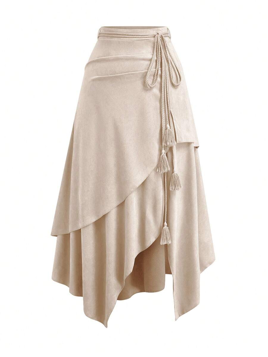 Sweetra Rok Suede Vintage Ukuran Besar, Rok A-Line dengan Pinggang Elastis dan Hem Asimetris, Musim Semi/Musim Gugur - Aprikot - View 1