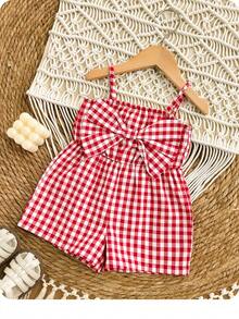 SHEIN LMoss Kids 女宝宝可爱休闲夏季红白格子蝴蝶结装饰连体衣 - 紅色 - 查看 5