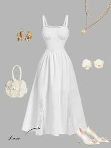 SHEIN MOD Đầm hai dây thanh lịch màu trơn phối ren dành cho nữ - trắng - Xem 5