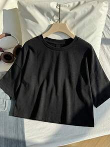 Comfortcana Áo thun ngắn tay cổ tròn dáng suông, thích hợp cho mùa hè, áo thun crop top tay lửng, áo crop top đen, áo crop top dáng rộng, áo thun crop top, áo thun dáng rộng cho nữ, áo ngắn tay nữ, áo kiểu mới nhất cho nữ, áo thun ngắn cho nữ, áo cotton nữ. - màu đen - Xem 6