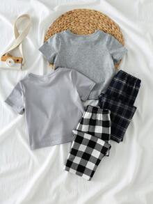 Loomiva 4er Set für Baby Jungen: Dekorierte Tasche, Rundhals Kurzarmoberteil und Hose mit Gummibund - Verschiedenfarbig - Übersicht 2