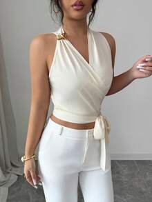SHEIN Elenzya 1pc Tie Front Crop Halter Top - Apricot - View 4
