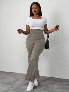 SHEIN PETITE CURVE Pantaloni della tuta a vita alta, ampi e comodi, traspiranti e versatili, in tinta unita, taglie comode - Cachi - Visualizzare 6