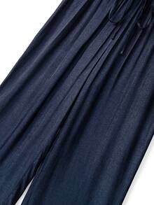 Linhara Pantalones anchos casuales de talle con volantes y efecto de mezclilla para mujer de talla grande - Azul lavado oscuro - Ver 3