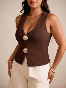 Elaquor Plus Size Vintage Shell Decor Ribbed V-Neck Tank Top, Summer - Brown - View 4