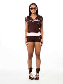 BABYPHAT Fold Over Waist Jersey Booty Shorts With Script Print And Pink Waistband Accent - Coffee Brown - View 3
