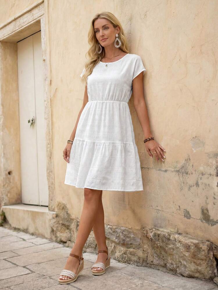 EMERY ROSE Robe d'été femme à col rond, manches courtes, avec imprimé de motif géométrique - Blanc - Voir 3