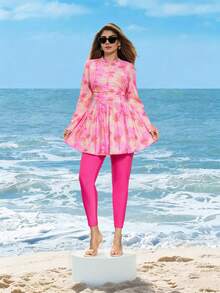 Swim Shayni Bộ đồ bơi Burkini hai mảnh cỡ lớn: áo dài tay in họa tiết toàn thân xếp ly và quần màu trơn. - Nhiều màu - Xem 4