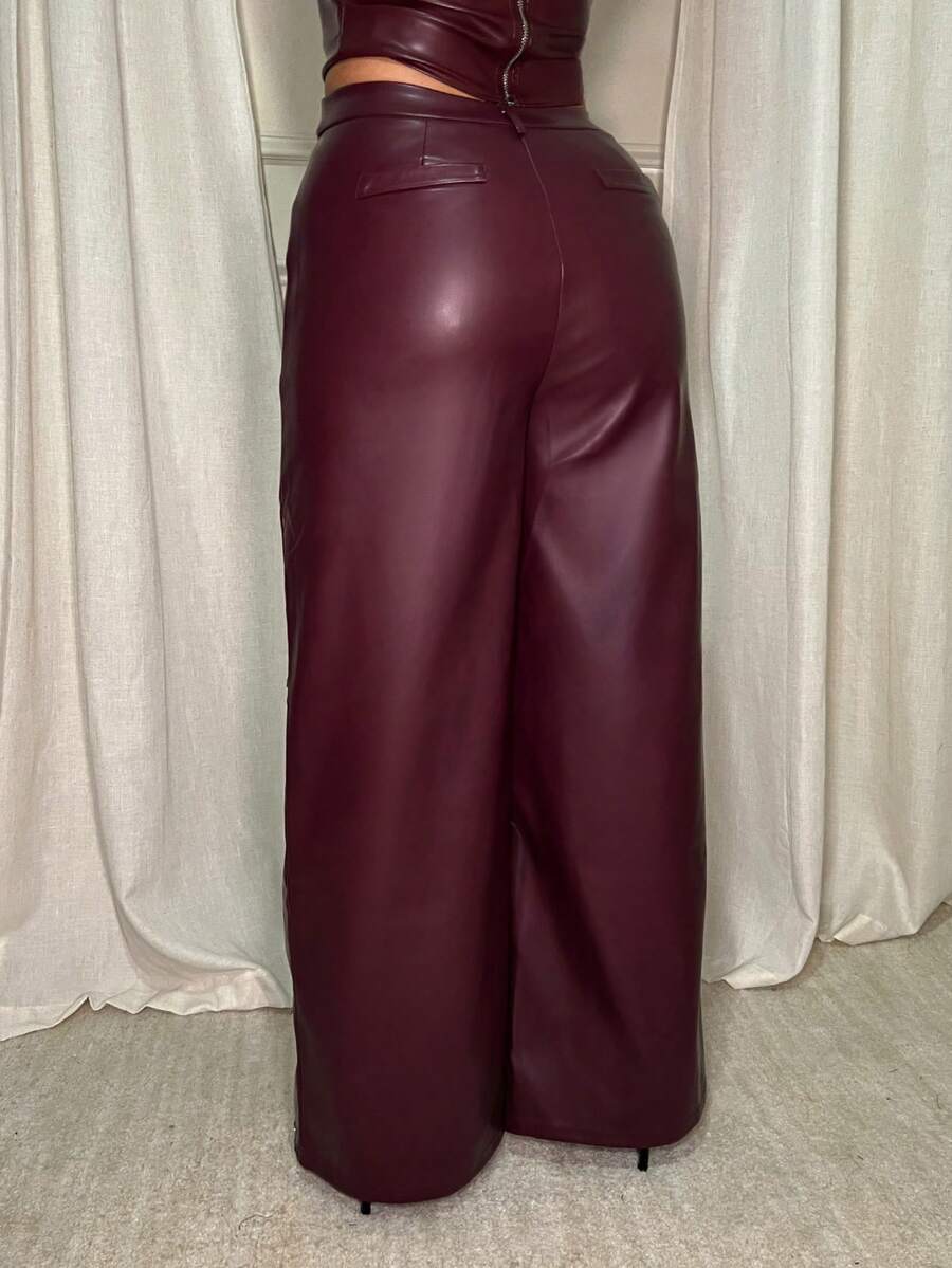 Burgundy Date Night Solid PU Leather Straight Leg Pants,Country - Burgundy - View 1