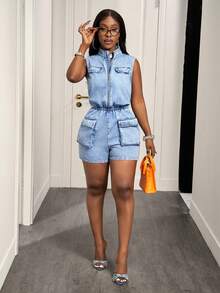 BamGleam Quần yếm và áo liền quần denim thời trang thường ngày dành cho nữ. - Màu xanh lam - Xem 5