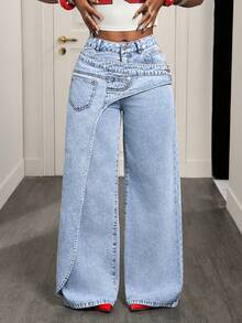 BamGleam 女士口袋纽扣休闲百搭日常穿着阔腿牛仔裤 - 藍色 - 查看 8