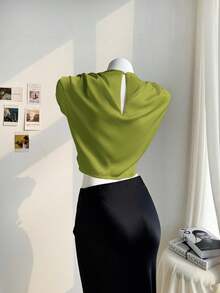 Firerie Kemeja Crop Berkerut Warna Polos yang Modis dan Seksi untuk Wanita, Atasan Musim Panas - Olive Green - View 2