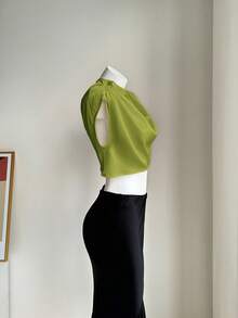 Firerie Kemeja Crop Berkerut Warna Polos yang Modis dan Seksi untuk Wanita, Atasan Musim Panas - Olive Green - View 5