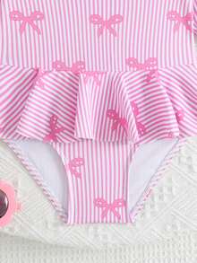 SHEIN GraphicGems Baby Girls' Pink Striped Bow Print Swimsuit,Long Sleeve Rashguard One-Piece With Ruffle Hem,Holiday Beachwear Bathing Suit For Swimming Summer Party - Pink - View 5