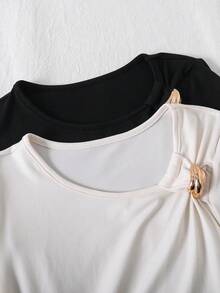 Elladie kids Tween Girl 2-Pieces Asymmetric Hem Ruched T-Shirts , Stylish Short-Sleeve Tops Featuring Decorative Shoulder Details. - Black and White - View 5