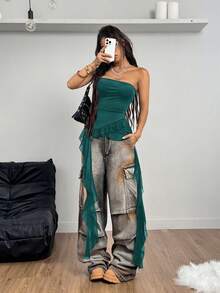 Coolane Váy ngắn thể thao dáng ôm xếp ly phối ren tương phản, họa tiết Y2K, dành cho nữ, mùa hè/xuân. - Màu xanh Ô liu - Xem 3