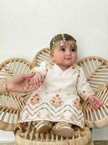 SHEIN Elegant Newborn Baby Girl Long Sleeve Polyester Dress With Multicolor Embroidery And Round Neck,Kids - Multicolor - View 6