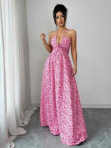 Selianne Women's Printed Backless Tie Waist A-Line Dress, Elegant Party Holiday Summer Outfit, Suitable For Summer Vacation, Dates, Birthday Parties, Weddings, Back To School Events, New Fashion - Pink - View 6