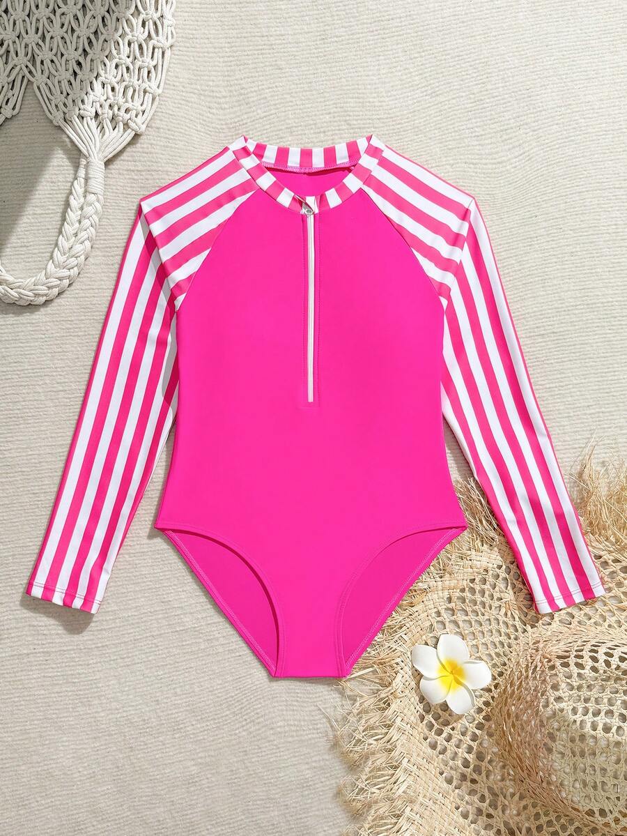 SHEIN 少女可爱休闲保守款紫红色和白色条纹针织数码印花连体衣,紫红色和白色条纹前拉链款 - 粉色 - 查看 1