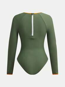 Maija Women's Casual Contrast Trim Keyhole Neck One-Piece Swimsuit, Autumn - Army Green - View 7