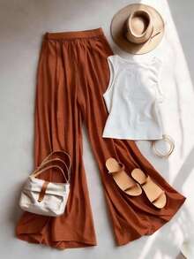 Breezaya 女士夏季休闲两件套，棕白相间无袖上衣+阔腿裤，上衣饰有金属细节，宽松阔腿裤透气凉爽，百搭夏季单品，简约风格，适合度假、都市休闲、优雅现代等各种场合，简洁利落的两件套设计，通勤、日常穿着、会议、商务、办公、约会、晚宴、毕业典礼、街头风、下午茶、短途旅行等各种场合皆宜，四季皆可穿着。 - 彩色 - 查看 4