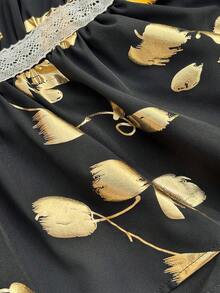SHEIN Franclia Floral Print V-Neck Lace Patchwork Elegant Fashion Camisole Hawaii Outfits Women Summer Outfits - Black and Gold - View 4