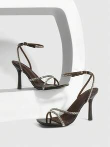 CUCCOO SZL Women's Square Toe Rhinestone Ankle Strap Sandals For Christmas Spring Shoes - Coffee Brown - View 3