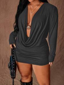 Rustia Sexy Plunging Neck Long Sleeve Stretchy Bodycon Plus Size Dress - Dark Grey - View 1