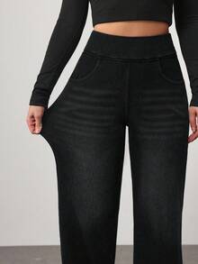 SHEIN Essnce Women's Solid Color Minimalist Basic Casual Everyday High Stretch Jeans Everyday Black Summer - Black - View 6