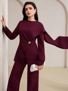 Veilorie Women's Solid Color Round Neck Long Sleeve Shirt With Metallic Waist Decor, Elegant - Burgundy - View 2