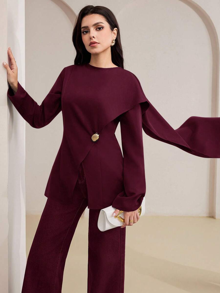 Veilorie Women's Solid Color Round Neck Long Sleeve Shirt With Metallic Waist Decor, Elegant