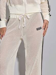 SHEIN ICON Y2k 女式运动休闲运动裤 跑步 透明米色 夏季休闲 条纹拼接 阔腿低腰裤 春夏网眼裤 针织阔腿裤 - 杏色 - 查看 6