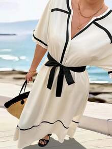 Balvessa Women's Casual Vacation Style Notch Collar Contrast Piping Belt Long Dress, Suitable For Spring, Summer And Autumn - Apricot - View 4