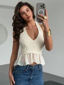 Aloruh Top halter minimalista y sexy sin espalda para mujer, perfecto para vacaciones de verano en la playa, fiestas tropicales y festivales de música country; Top de chaleco jacquard bohemio, un atuendo de estilo callejero para chicas calientes. - Albaricoque - Ver 6