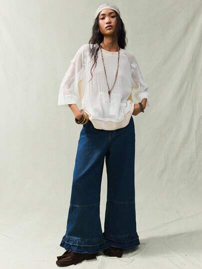 SoleilVie 女士优雅复古蕾丝拼接3D蝴蝶装饰薄纱口袋半袖卫衣